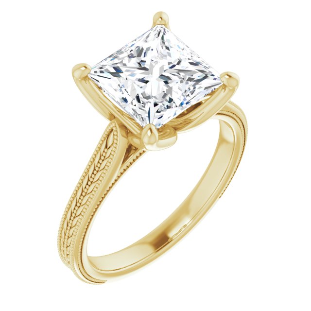 10K Yellow Gold Customizable Princess/Square Cut Solitaire with Wheat-inspired Band 