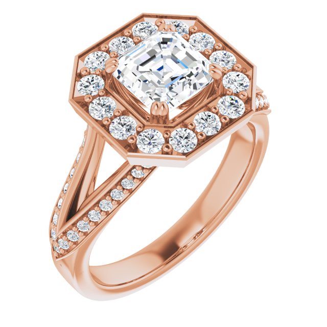 10K Rose Gold Customizable Asscher Cut Center with Large-Accented Halo and Split Shared Prong Band
