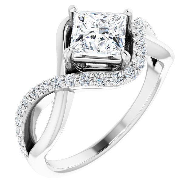 10K White Gold Customizable Princess/Square Cut Design with Semi-Accented Twisting Infinity Bypass Split Band and Half-Halo