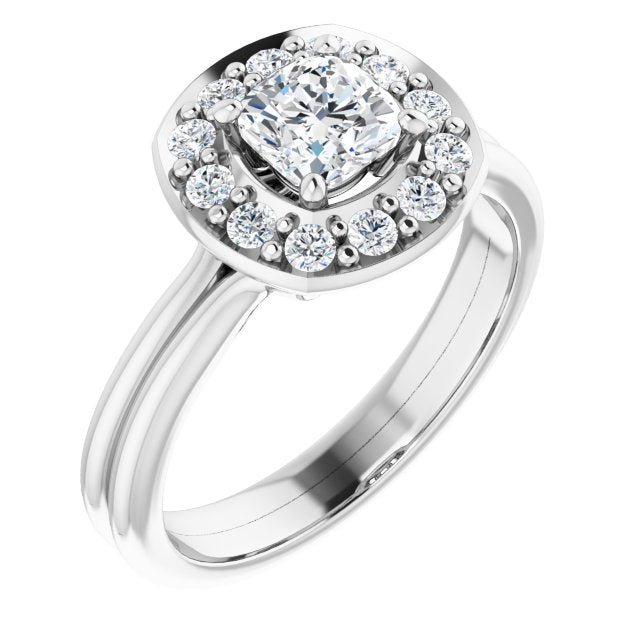 10K White Gold Customizable Cluster-Halo Accented Cushion Cut Style with Tapered Dual Band