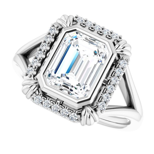 Cubic Zirconia Engagement Ring- The Leontine (Customizable Emerald Cut Design with Split Band and "Lion's Mane" Halo)