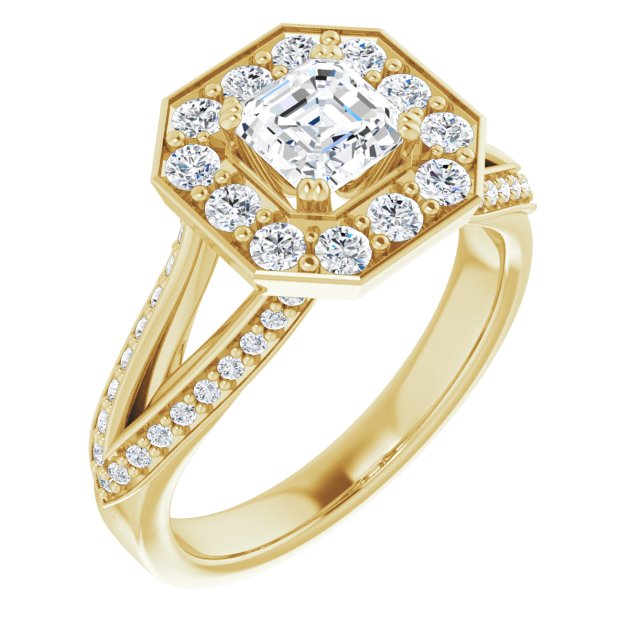 10K Yellow Gold Customizable Asscher Cut Center with Large-Accented Halo and Split Shared Prong Band
