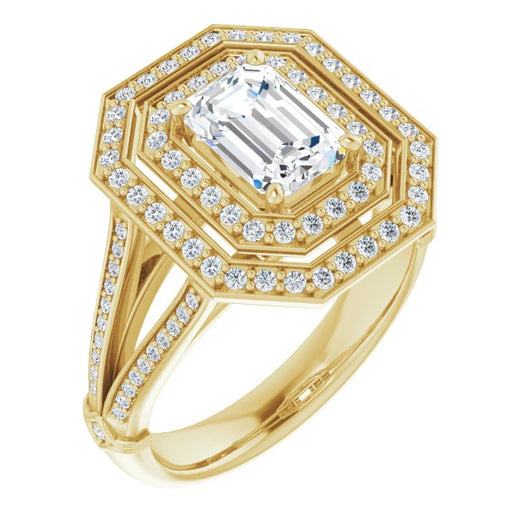 10K Yellow Gold Customizable Cathedral-set Emerald/Radiant Cut Design with Double Halo, Wide Split-Shared Prong Band and Side Knuckle Accents