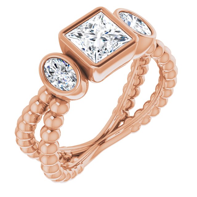 10K Rose Gold Customizable 3-stone Princess/Square Cut Design with 2 Oval Cut Side Stones and Wide, Bubble-Bead Split-Band