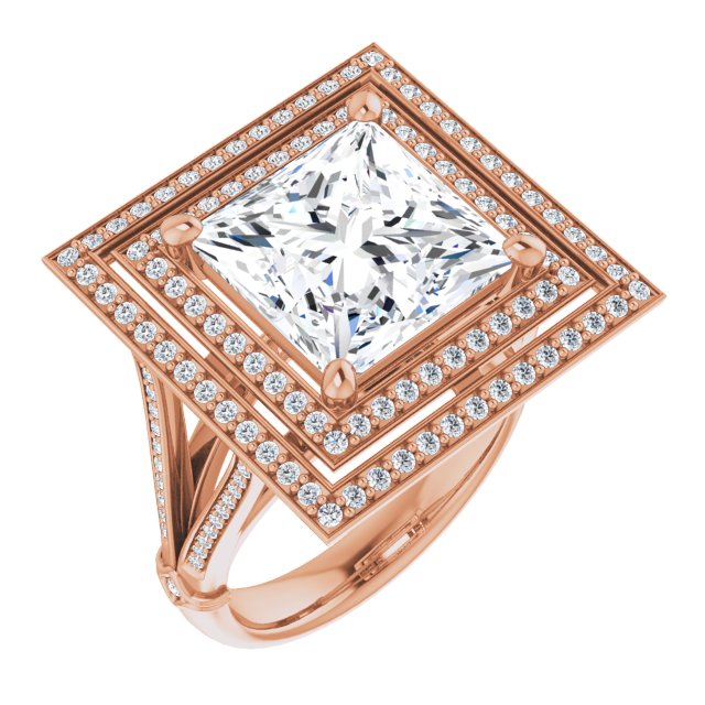 10K Rose Gold Customizable Cathedral-set Princess/Square Cut Design with Double Halo, Wide Split-Shared Prong Band and Side Knuckle Accents