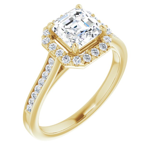 10K Yellow Gold Customizable Asscher Cut Design with Halo, Round Channel Band and Floating Peekaboo Accents