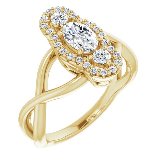 10K Yellow Gold Customizable Vertical 3-stone Oval Cut Design Enhanced with Multi-Halo Accents and Twisted Band