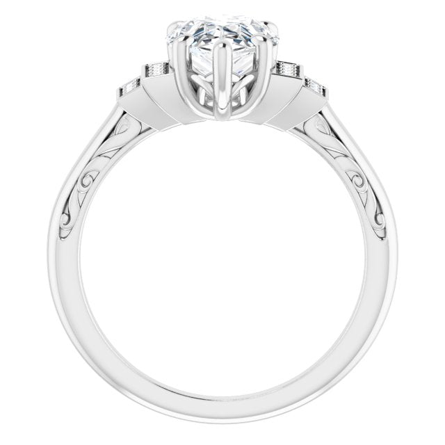 Cubic Zirconia Engagement Ring- The Brynhild (Customizable Engraved Design with Pear Cut Center and Perpendicular Band Accents)