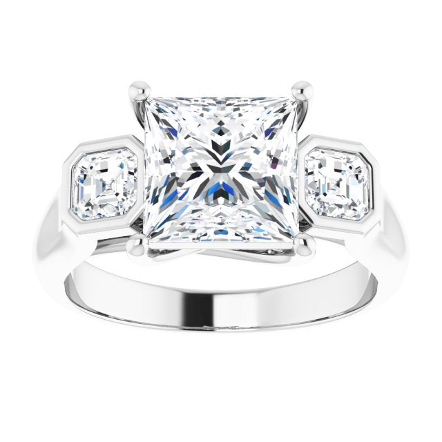 Cubic Zirconia Engagement Ring- The Alana Marie (Customizable 3-stone Cathedral Princess/Square Cut Design with Twin Asscher Cut Side Stones)