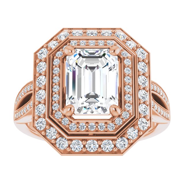 Cubic Zirconia Engagement Ring- The Henrika (Customizable Cathedral-style Radiant Cut Design with Double Halo & Split-Pavé Band)