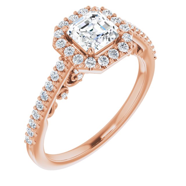10K Rose Gold Customizable Cathedral-Halo Asscher Cut Design with Carved Metal Accent plus Pavé Band