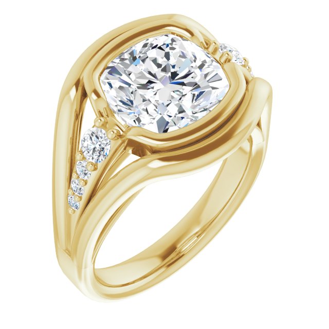 10K Yellow Gold Customizable 9-stone Cushion Cut Design with Bezel Center, Wide Band and Round Prong Side Stones