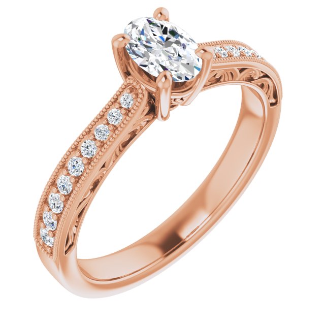 10K Rose Gold Customizable Oval Cut Design with Round Band Accents and Three-sided Filigree Engraving