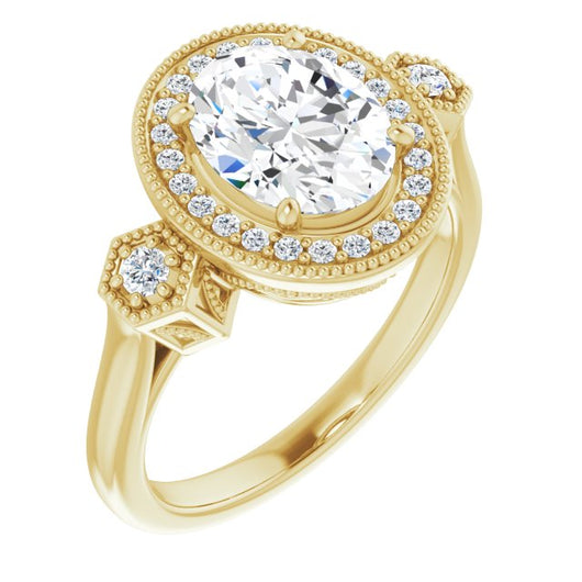 10K Yellow Gold Customizable Cathedral Oval Cut Design with Halo and Delicate Milgrain