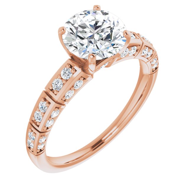 10K Rose Gold Customizable Round Cut Style with Three-sided, Segmented Shared Prong Band