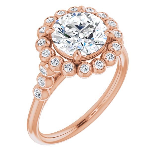 14K Rose Gold Customizable Round Cut Cathedral-Style Clustered Halo Design with Round Bezel Accents