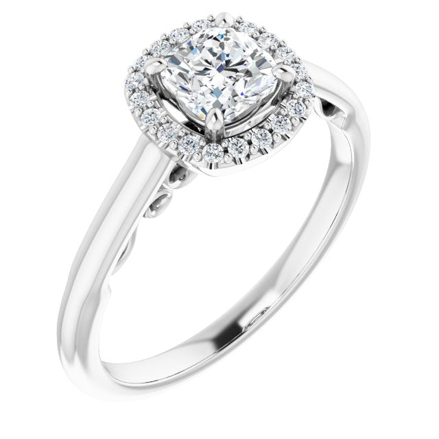 10K White Gold Customizable Cathedral-Halo Cushion Cut Style featuring Sculptural Trellis