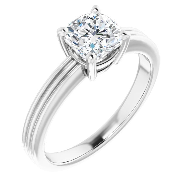 10K White Gold Customizable Cushion Cut Solitaire with Double-Grooved Band