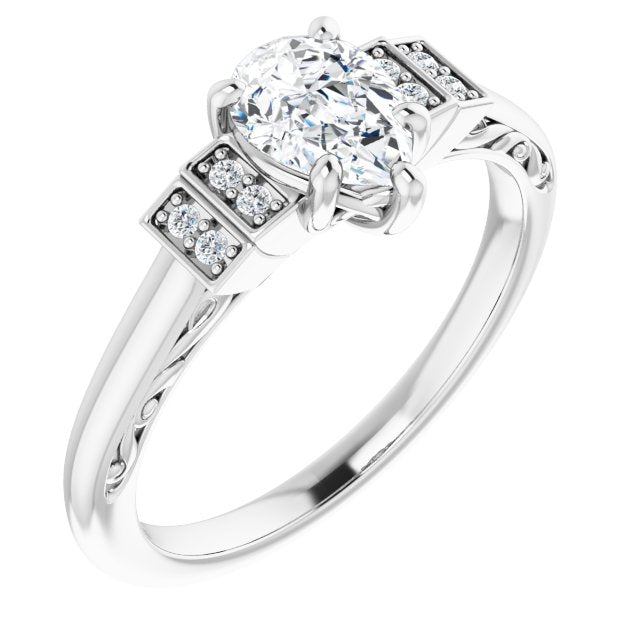 10K White Gold Customizable Engraved Design with Pear Cut Center and Perpendicular Band Accents