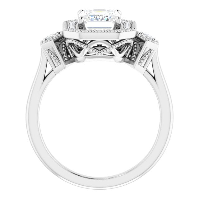 Cubic Zirconia Engagement Ring- The Pacifica (Customizable Cathedral Emerald Cut Design with Halo and Delicate Milgrain)