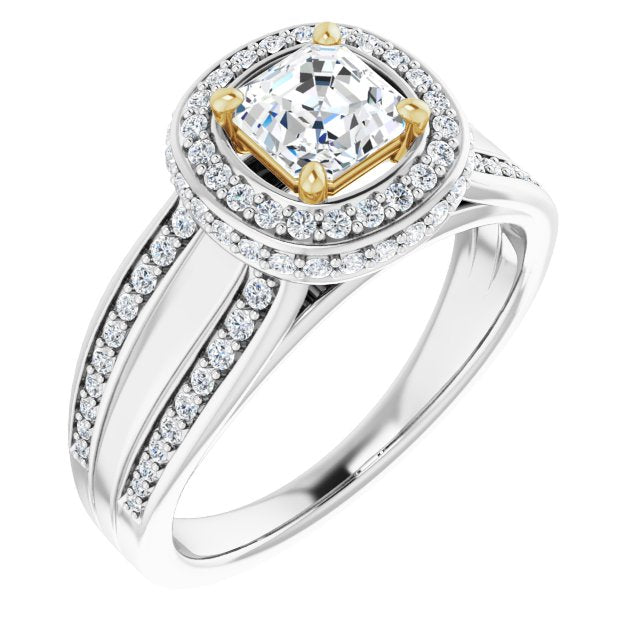 14K White & Yellow Gold Customizable Halo-style Asscher Cut with Under-halo & Ultra-wide Band