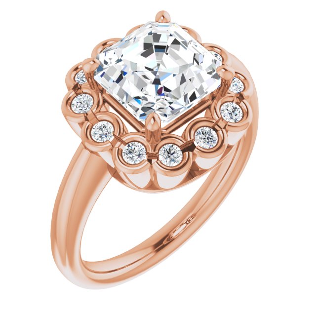 10K Rose Gold Customizable 13-stone Asscher Cut Design with Floral-Halo Round Bezel Accents