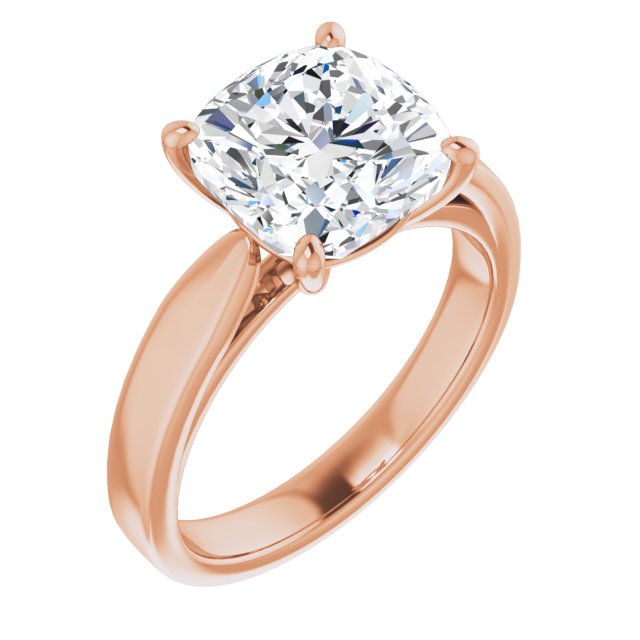 10K Rose Gold Customizable Cushion Cut Cathedral Solitaire with Wide Tapered Band