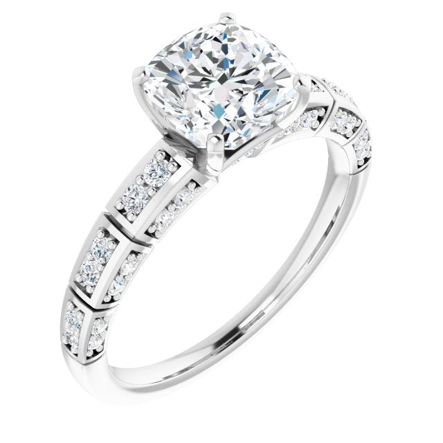 14K White Gold Customizable Cushion Cut Style with Three-sided, Segmented Shared Prong Band