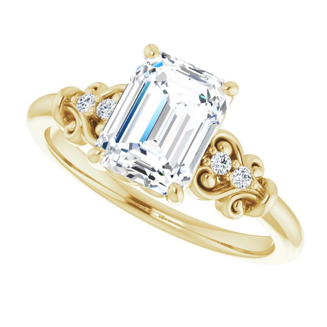 Cubic Zirconia Engagement Ring- The Amice (Customizable Vintage 5-stone Design with Emerald Cut Center and Artistic Band Décor)