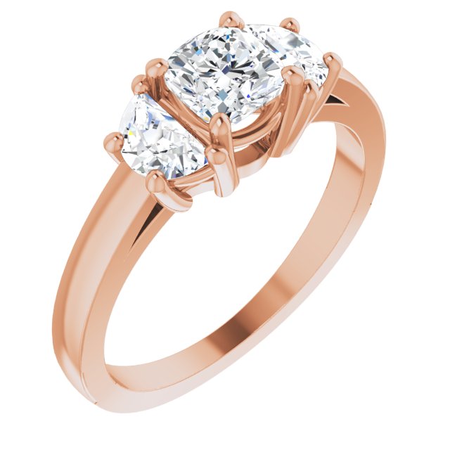 10K Rose Gold Customizable 3-stone Design with Cushion Cut Center and Half-moon Side Stones