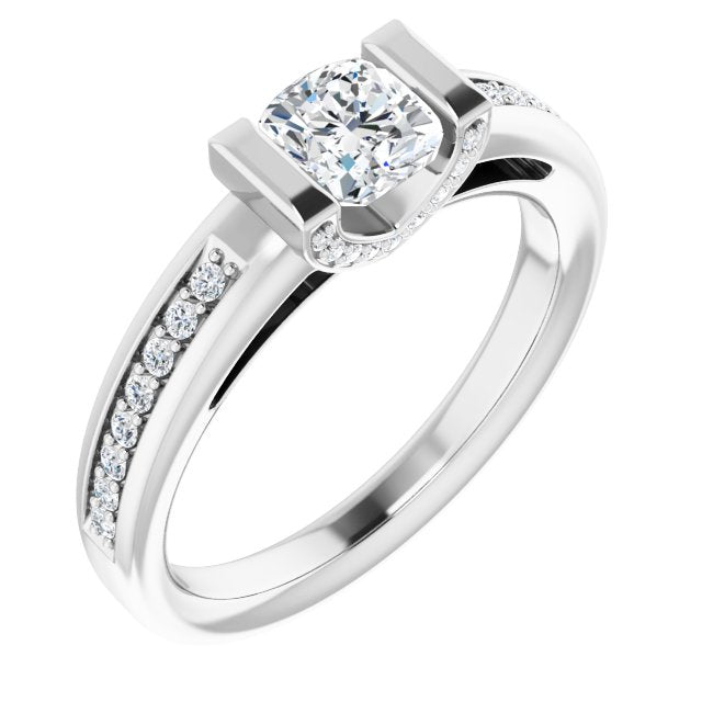10K White Gold Customizable Cathedral-Bar Cushion Cut Design featuring Shared Prong Band and Prong Accents