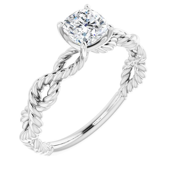 10K White Gold Customizable Cushion Cut Solitaire with Infinity-inspired Twisting-Rope Split Band