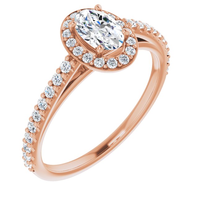 10K Rose Gold Customizable Oval Cut Design with Halo and Thin Pavé Band