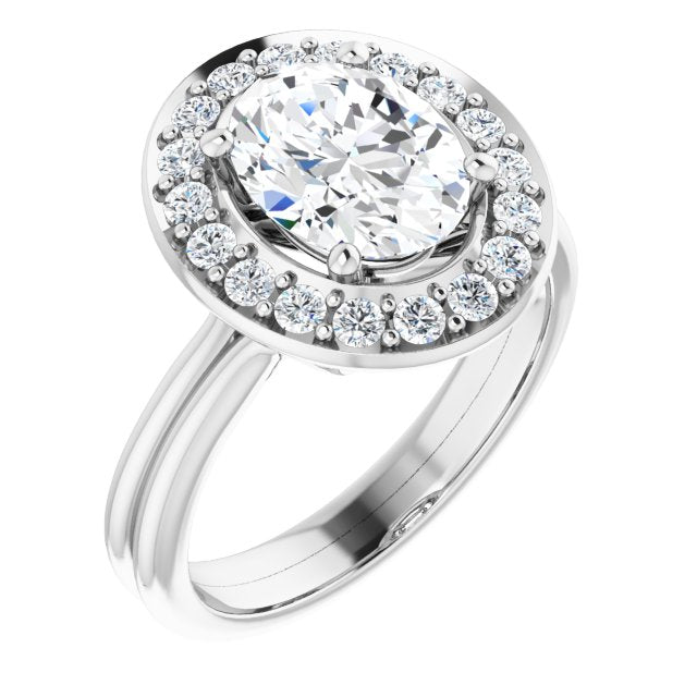 10K White Gold Customizable Cluster-Halo Accented Oval Cut Style with Tapered Dual Band