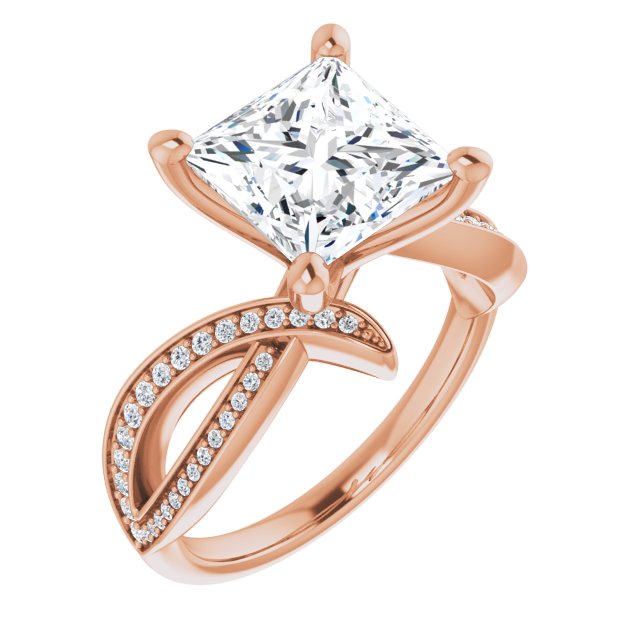 14K Rose Gold Customizable Princess/Square Cut Design with Swooping Pavé Bypass Band