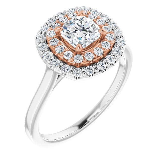 14K White & Rose Gold Customizable Cathedral-set Cushion Cut Design with Double Halo