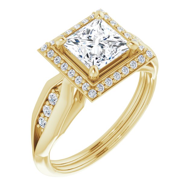 10K Yellow Gold Customizable Cathedral-raised Princess/Square Cut Design with Halo and Tri-Cluster Band Accents