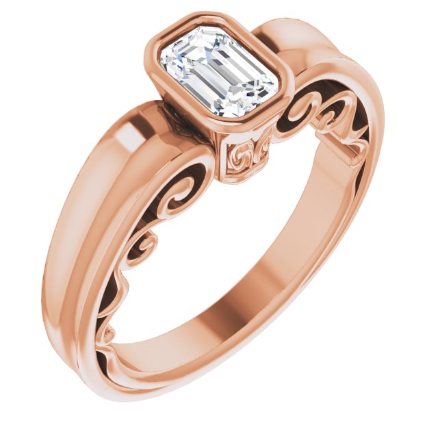 10K Rose Gold Customizable Bezel-set Emerald/Radiant Cut Solitaire with Wide 3-sided Band