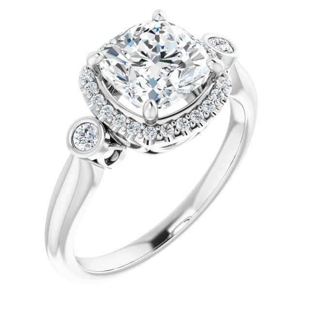 Cubic Zirconia Engagement Ring- The Adoración (Customizable Cushion Cut Style with Halo and Twin Round Bezel Accents)