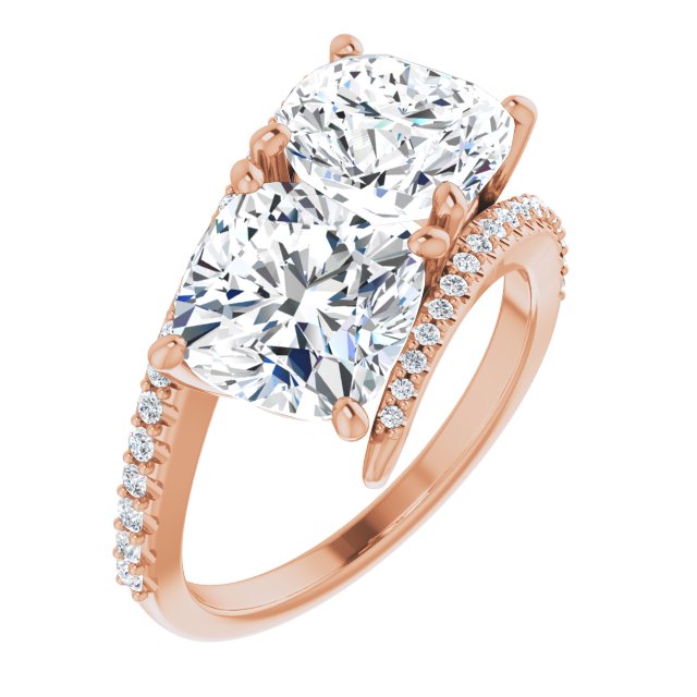 10K Rose Gold Customizable Double Cushion Cut 2-stone Design with Ultra-thin Bypass Band and Pavé Enhancement