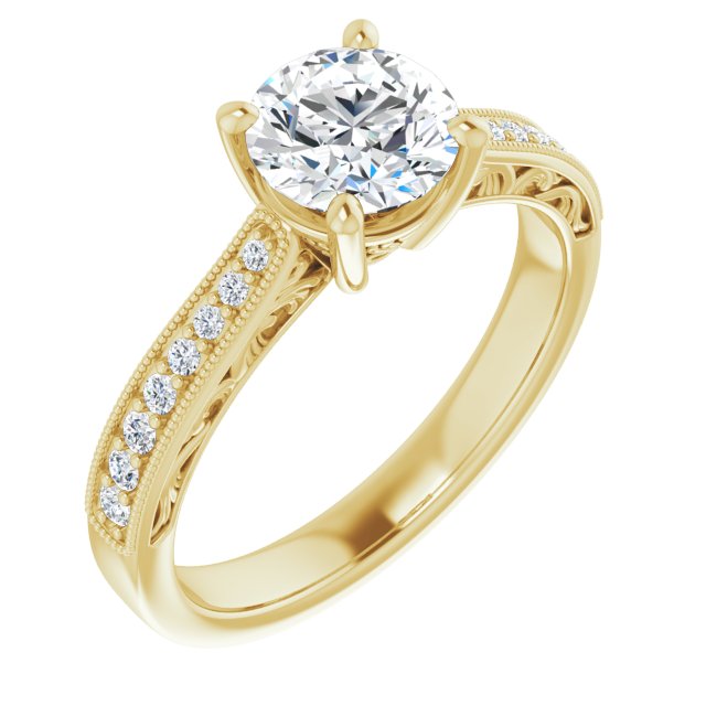 10K Yellow Gold Customizable Round Cut Design with Round Band Accents and Three-sided Filigree Engraving