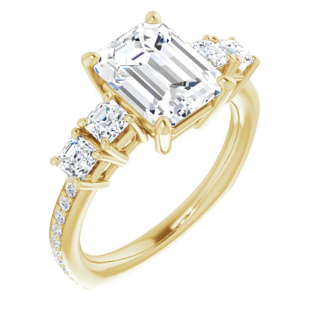 10K Yellow Gold Customizable Emerald/Radiant Cut 5-stone Style with Quad Emerald/Radiant Accents plus Shared Prong Band
