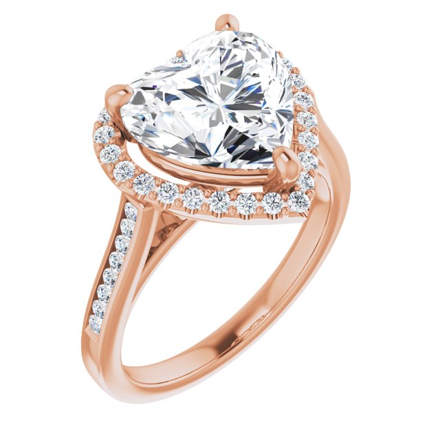 10K Rose Gold Customizable Heart Cut Design with Halo, Round Channel Band and Floating Peekaboo Accents