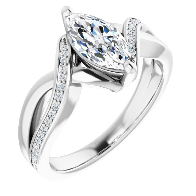 14K White Gold Customizable Marquise Cut Center with Curving Split-Band featuring One Shared Prong Leg