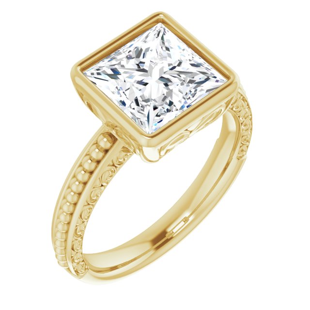 10K Yellow Gold Customizable Bezel-set Princess/Square Cut Solitaire with Beaded and Carved Three-sided Band