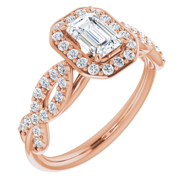 10K Rose Gold Customizable Cathedral-Halo Emerald/Radiant Cut Design with Artisan Infinity-inspired Twisting Pavé Band