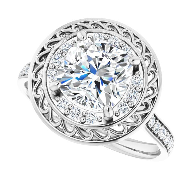Cubic Zirconia Engagement Ring- The Ariané Contessa (Customizable Cathedral-style Cushion Cut featuring Cluster Accented Filigree Setting & Shared Prong Band)