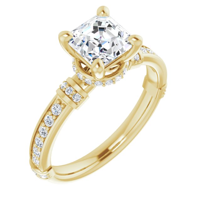 10K Yellow Gold Customizable Asscher Cut Style featuring Under-Halo, Shared Prong and Quad Horizontal Band Accents