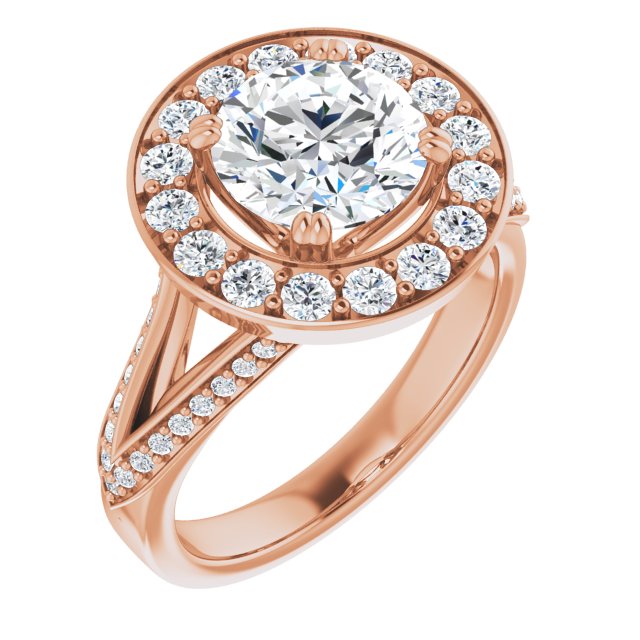14K Rose Gold Customizable Round Cut Center with Large-Accented Halo and Split Shared Prong Band