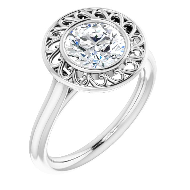 10K White Gold Customizable Cathedral-Bezel Style Round Cut Solitaire with Flowery Filigree